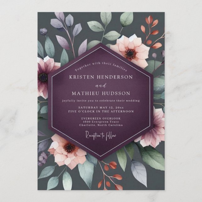Plum Moody Botanical Autumn Wedding Inbjudningar (Framsida)