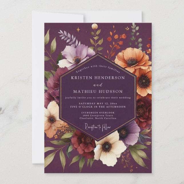 Plum Moody Botanical Wedding Inbjudningar (Framsida)