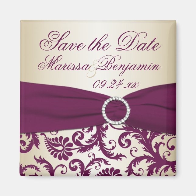 Plum och Champagne Damask Wedding Favor Magnet (Framsidan)