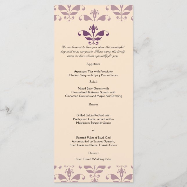 Plum och Champagne Damask Wedding Menu Meny (Framsida)