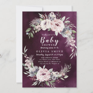 Plum och damm rosa boho blommigt babydusch inbjudningar