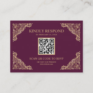 Plum och Guld Ram QR Code OSA Bröllop Tilläggskort