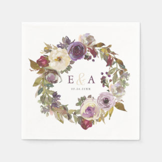 Plum och ivoriansk Blommigt Watercolor Bröllop Nap Pappersservett