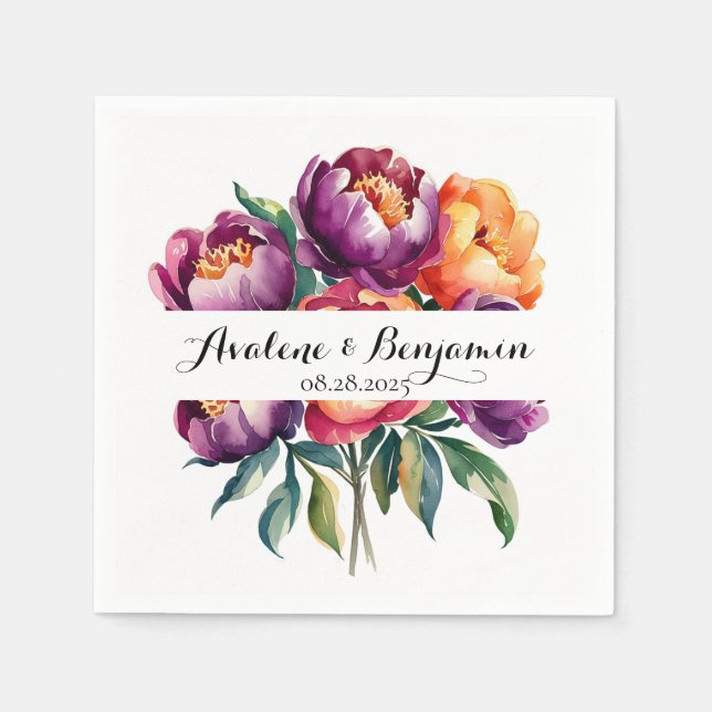 Plum och Orange Watercolor Peony Bouquet Bröllop Pappersservett (Framsidan)