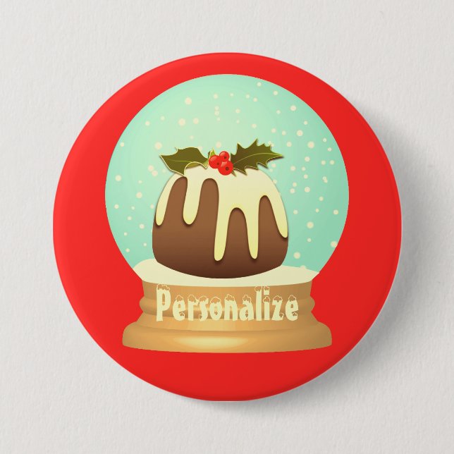 Plum pudding snö globe vintertårta röd grönt knapp (Framsida)
