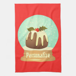 Plum pudding snö globe vintertårta röd grönt kökshandduk