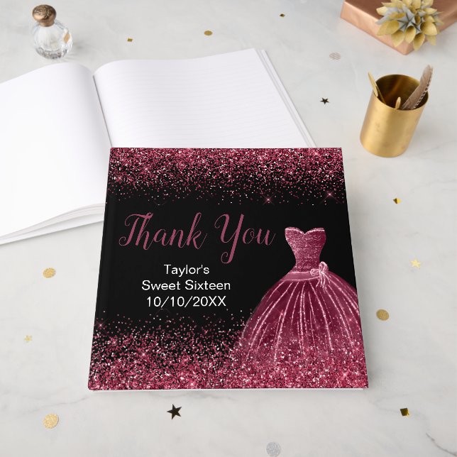 Plum Purple Dress Faux Glitter Sweet 16 Birthday Gästböcker (Framsidan öppen)
