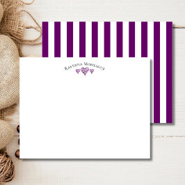 Plum Purple Elegant Wavy Hearts Striped Note Card Anteckningskort