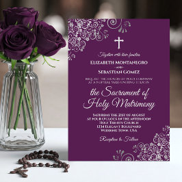 Plum Purple & Silver Chic Modern Catholic Wedding Inbjudningar