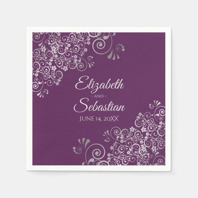 Plum Purple with Silver Frills Elegant Wedding Pappersservett (Framsidan)
