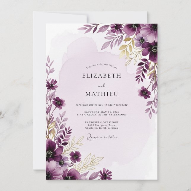 Plum Resplendent Watercolor Wedding Inbjudningar (Framsida)