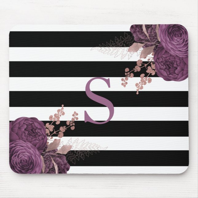 Plum Ro Guld Blommigt Monogram Black White Rand Musmatta (Framsidan)