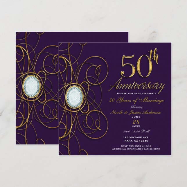 Plum Royal Purple Gold Diamond 50 50-årsjubileum Inbjudningar (Fram/baksida)