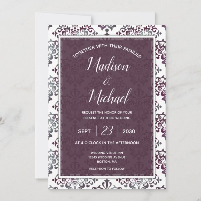 Plum Silver Sage Damask Wedding Inbjudningar (Framsida)
