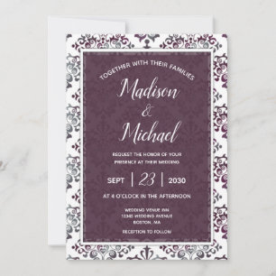 Plum Silver Sage Damask Wedding Inbjudningar
