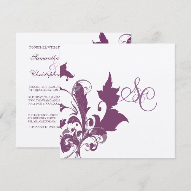 Plum snurrar bröllopsinbjudningar inbjudningar (Fram/baksida)