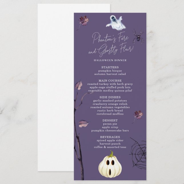 PLUM SPOOKY PUMPKIN SPIDER AUTUMN GHOST HALLOWEEN MENY (Fram/baksida)