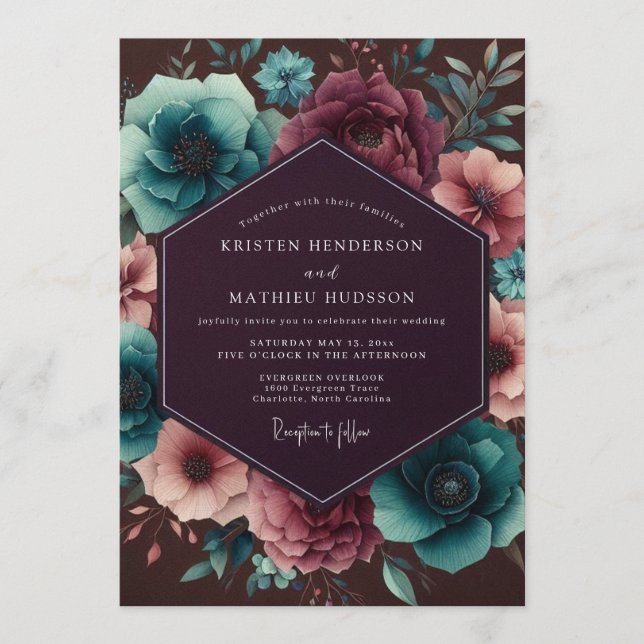 Plum & Teal Nocturnal Bloom Wedding Inbjudningar (Framsida)
