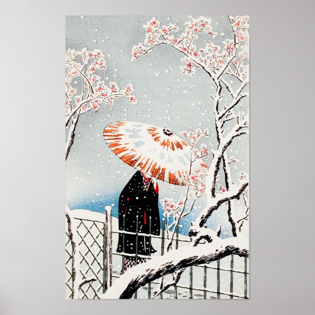 Plum Träd i Snö av Hiroaki Takahashi (1871-1945) Poster (Framsidan)