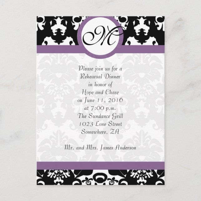 Plum Trim Black Damask Hearts Rehearsal Dinner Inbjudan Vykort (Framsida)