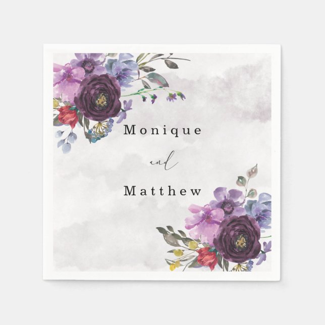 Plum Ultra Violet Botanical Rustic Peony Bröllop Pappersservett (Framsidan)