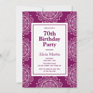 Plum Velvet & White Mandala Flower 70:e födelsedag Inbjudningar