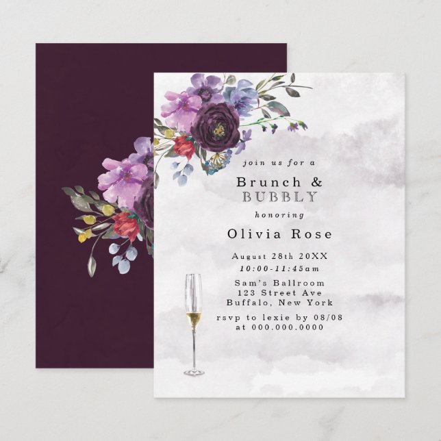 Plum Violet Botanical Peony Brunch & Bubly Inbjudningar (Fram/baksida)