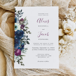 Plum Watercolor Floral Navy Blue Wedding Inbjudningar