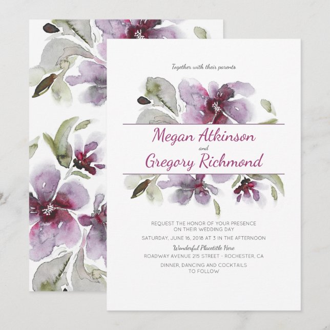 Plum Watercolor Flowers Romantic Garden Wedding Inbjudningar (Fram/baksida)
