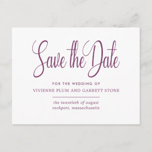 Plum & White Calligraphy Bröllop spara datum Inbjudan Vykort