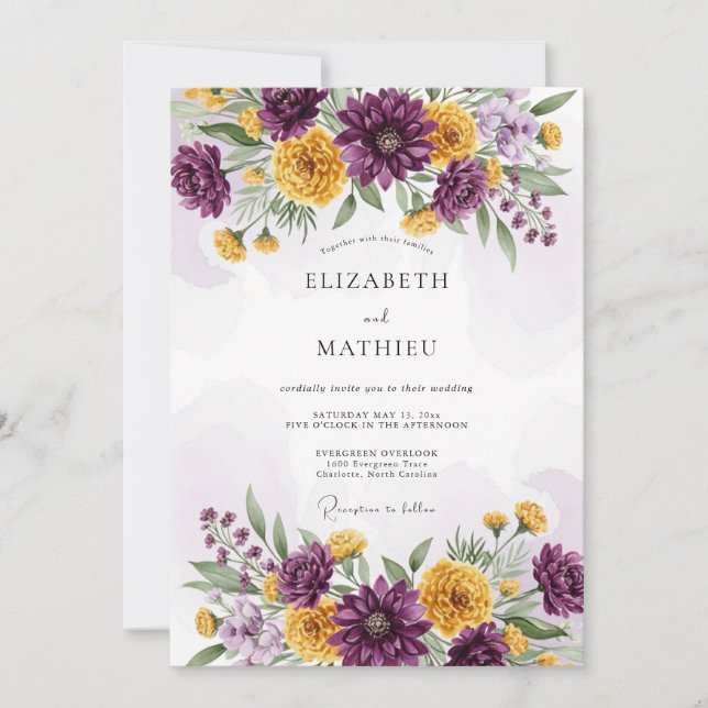 Plum Yellow Dazzling Floral Wedding Inbjudningar (Framsida)