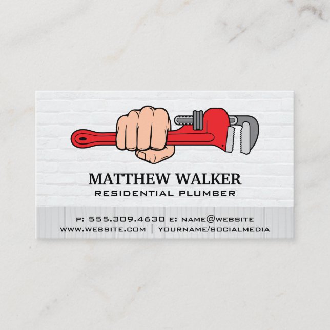 Plumber Holding Wrench | Blue Collar | Uppdragskon Visitkort (Framsida)