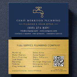 Plumber Navy Blue & Gold Metallic QR Code Visitkort