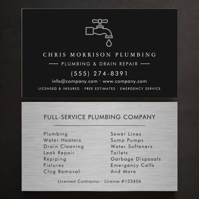 Plumber Plumbing Company Silver Metallic Visitkort (Skapare uppladdad)