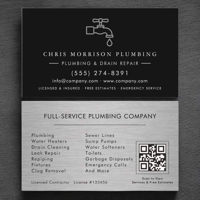 Plumbing Company Silver Metallic QR Code Visitkort (Skapare uppladdad)
