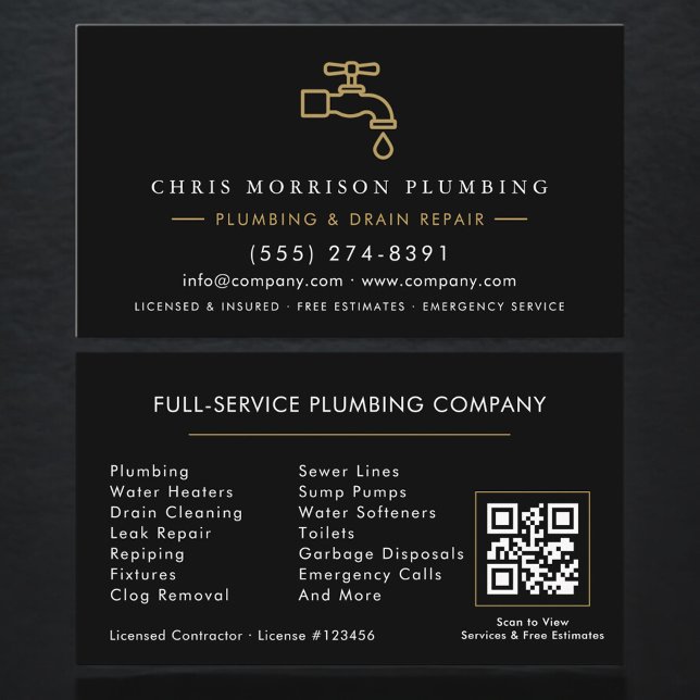 Plumbing  Service Black & Gold QR Code Visitkort (Skapare uppladdad)