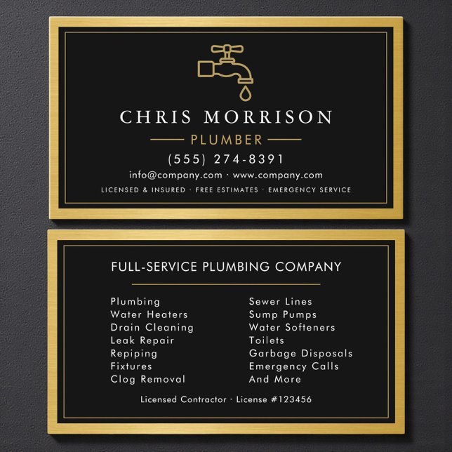 Plumbing Service Company Plumber Gold Metallic Visitkort (Skapare uppladdad)