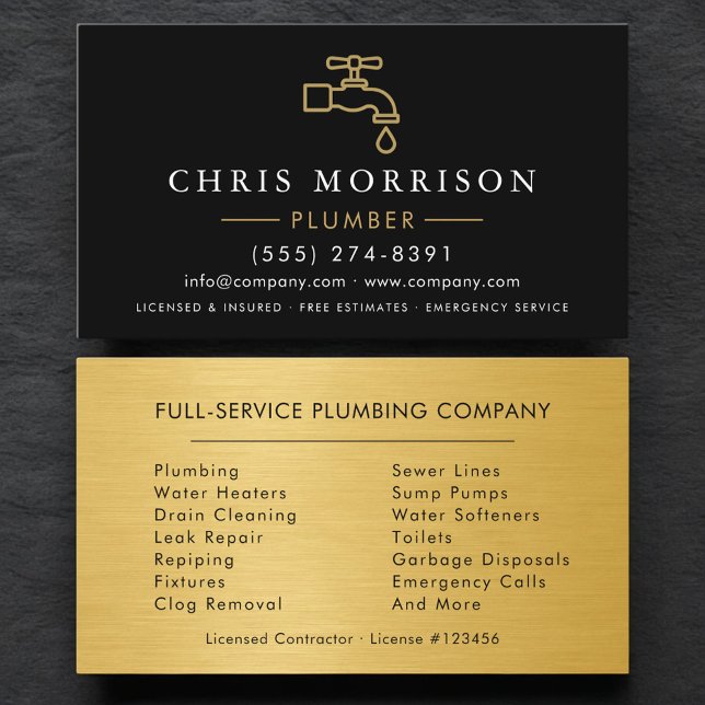 Plumbing Service Plumber Black Gold Visitkort (Skapare uppladdad)