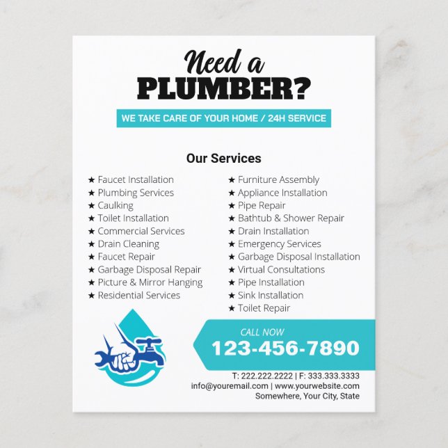 Plumbing Service Water Drop Logo Plumber Business Flygblad (Framsidan)