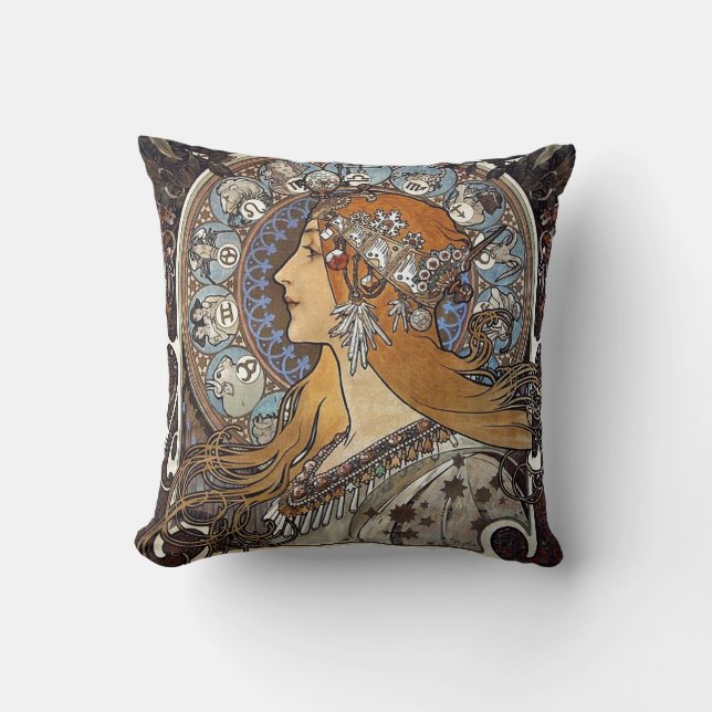 Plume Zodiac Woman av Alphonse Mucha - Art nouveau Kudde (Framsida)