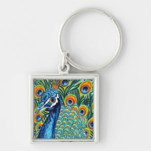 Plumed Peacock I Fyrkantig Silverfärgad Nyckelring