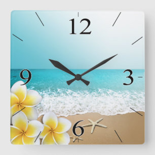 Plumeria Beach Tropical Island Fyrkantig Klocka