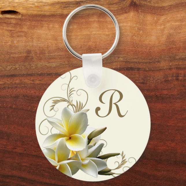 Plumeria Flourish Monogram Initial Nyckelring (Framsida)