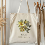 Plumeria Flowers Personlig Brudens sida Gift Tygkasse<br><div class="desc">Bridesmaider och brudens sida-presentpåse för att anpassa sig med namn och titeln. Trasa tillsammans med gult och vit frangipani Hawaii-blommor på båda sidor. På ena sidan finns bara textmallar i svart, elegant-skript. Vänd väskan och den har bara blommorna. Handle färg är svart, med andra alternativ att välja mellan. Formgivningen kan...</div>