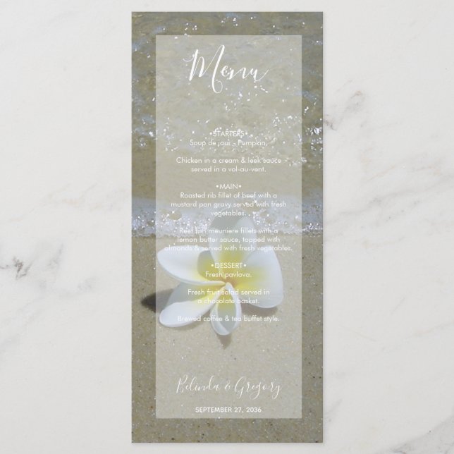 Plumeria Frangipani på Sand Bröllop Meny (Framsida)