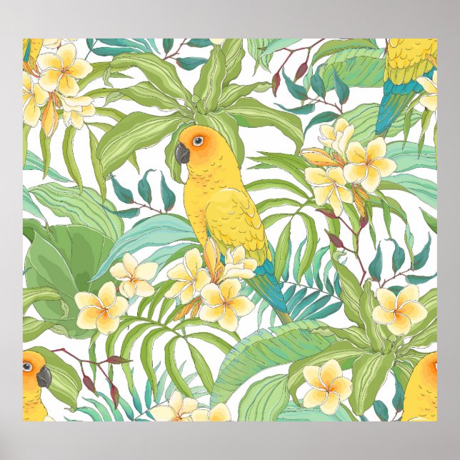 Plumeria, Parrot, Vintage Blommönster. Poster (Framsidan)