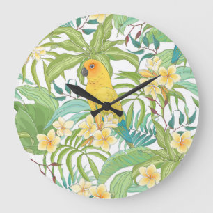 Plumeria, Parrot, Vintage Blommönster. Stor Klocka