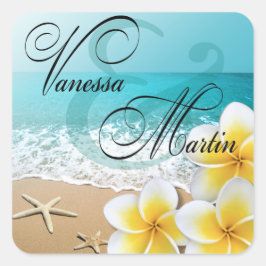 Plumeria Starfish Beach Tropical Hawaii Favor Fyrkantigt Klistermärke