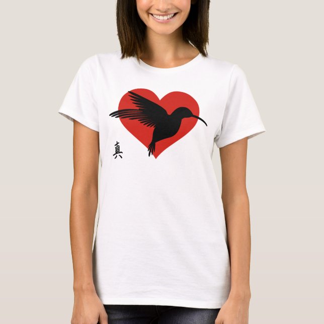 Plus-Storlek V-Nacke T-Shirt HEART & HUMMINGBIRD (Framsida)
