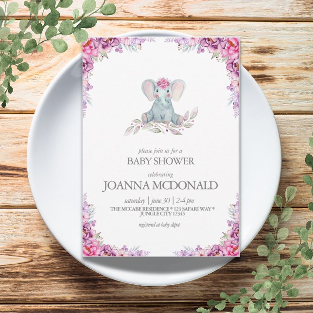 Plush Elephant | Safari Blommigt Flicka Shower Inbjudningar (Plush Elephant | Safari Floral Baby Girl Shower Invitation)